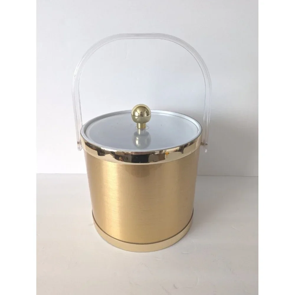 Vintage Ice Bucket Gold Hollywood Regency Acrylic Handle Clear Lid - Picture 1 of 9